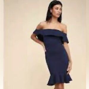 Lulus Boost Your Confidence MidNight Navy Blue Off The Shoulder Dress Size M